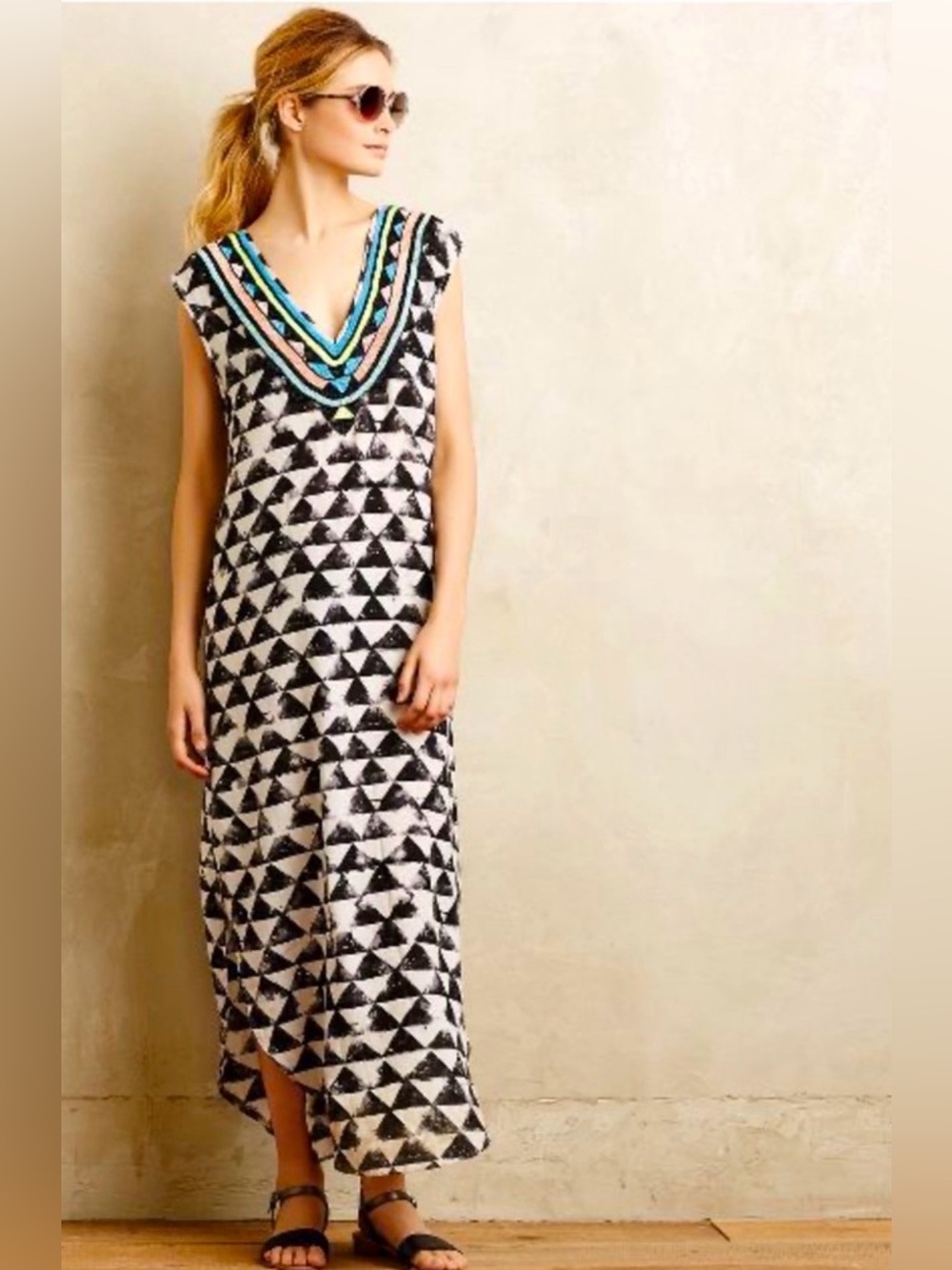 MARA HOFFMAN SWIM Black White Printed Beaded Neckline Maxi Dress M - Picture 1 of 4